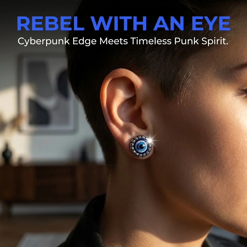 Gear Evil Eye Screw Back Stud Earrings Punk Cyberpunk Stainless Steel Ear Piercing Jewelry Unisex Ear Studs Gift