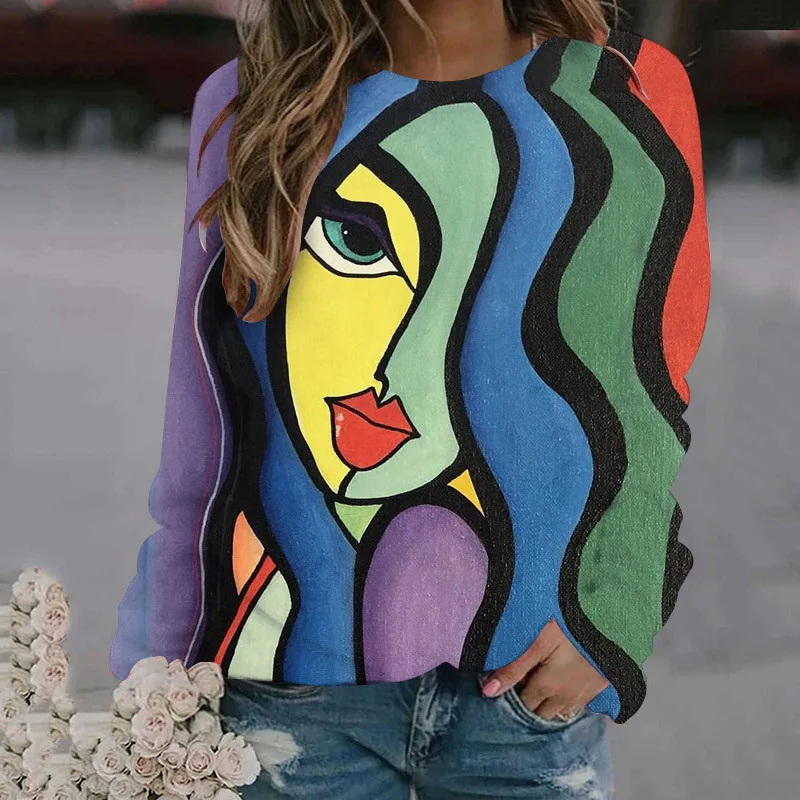 Abstract Face Pattern Sweatshirts Funny 3D Print Hoodies Women Long Sleeve Y2k Hoodie Oversized Pullovers Tops Female Clothing