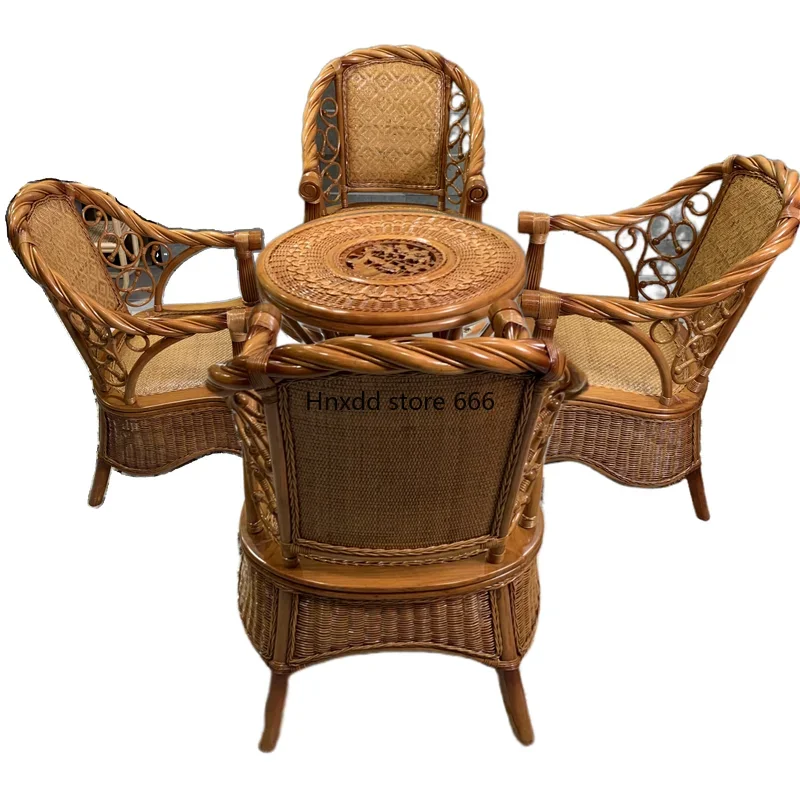 Solid wood rattan chair three-piece balcony elderly home high-end rattan high backrest single chair