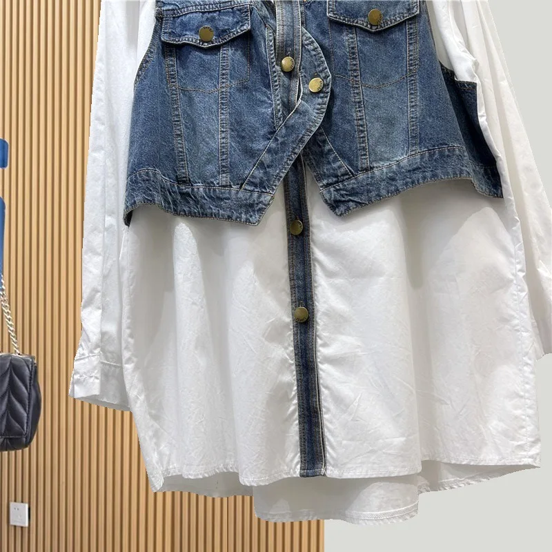 قميص نسائي من Tannt موضة ربيع خريف 2025 من قماش الدنيم المخيط بألوان متطابقة مع بلوزة مزيفة على الموضة تناسب جميع الأعمار قطع علوية نسائية طويلة فضفاضة