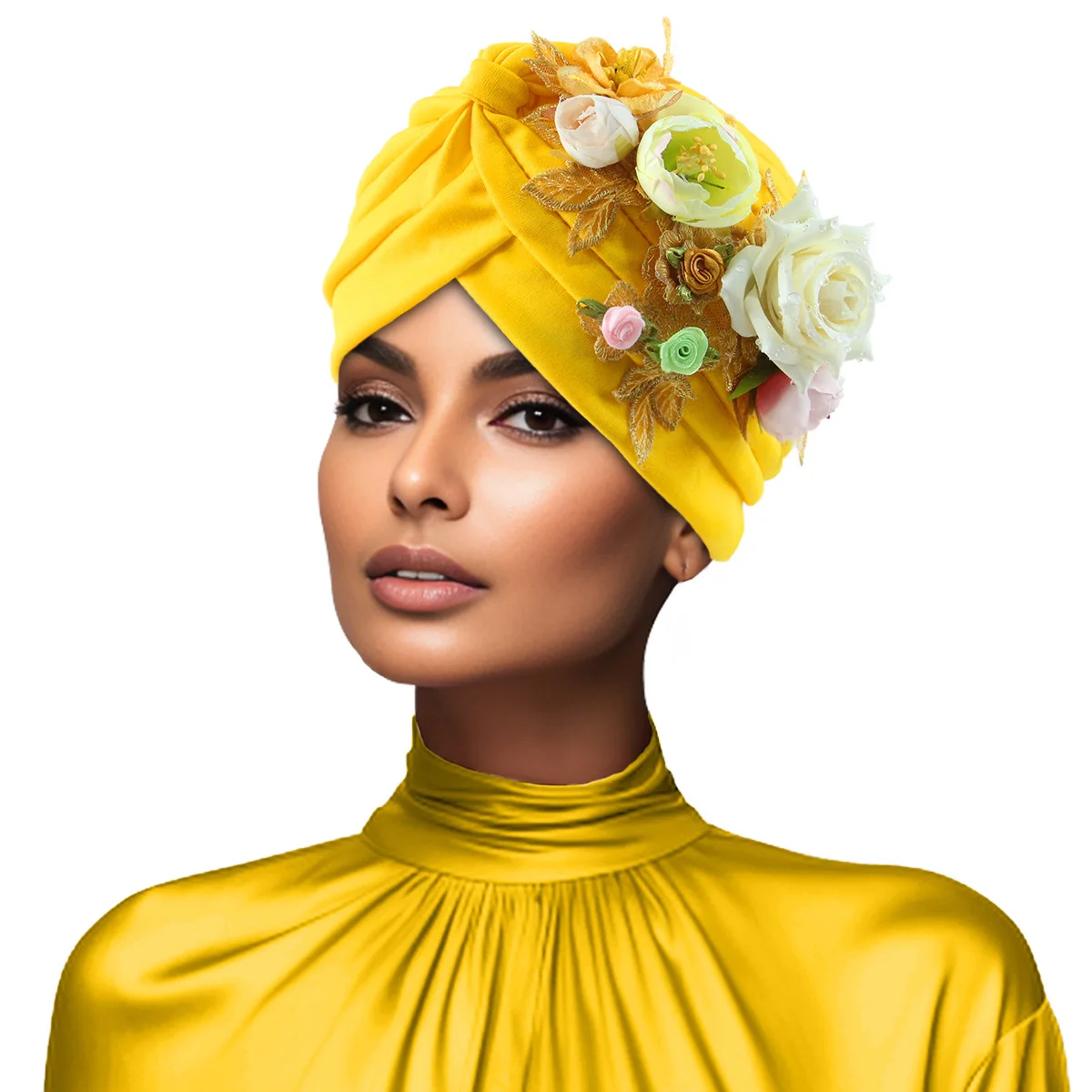 Flower Women's Turban Cap African Head Wraps Nigeria Wedding Party Headpiece Female Headwear Pleated Headscarf Hat Muslim Hijab