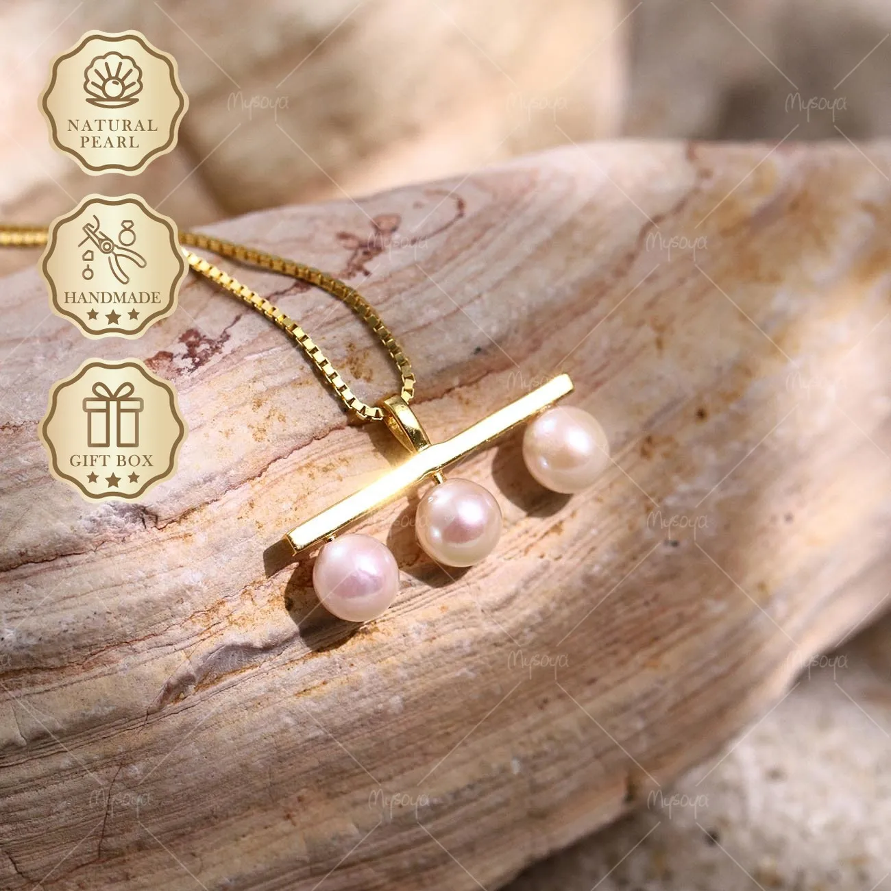 

Mysoya Golden S925 Balance Bar Necklace 5-5.5mm With Akoya Pearl Pendant Gift Box Birthday Valentine's Day Wedding Jewelry