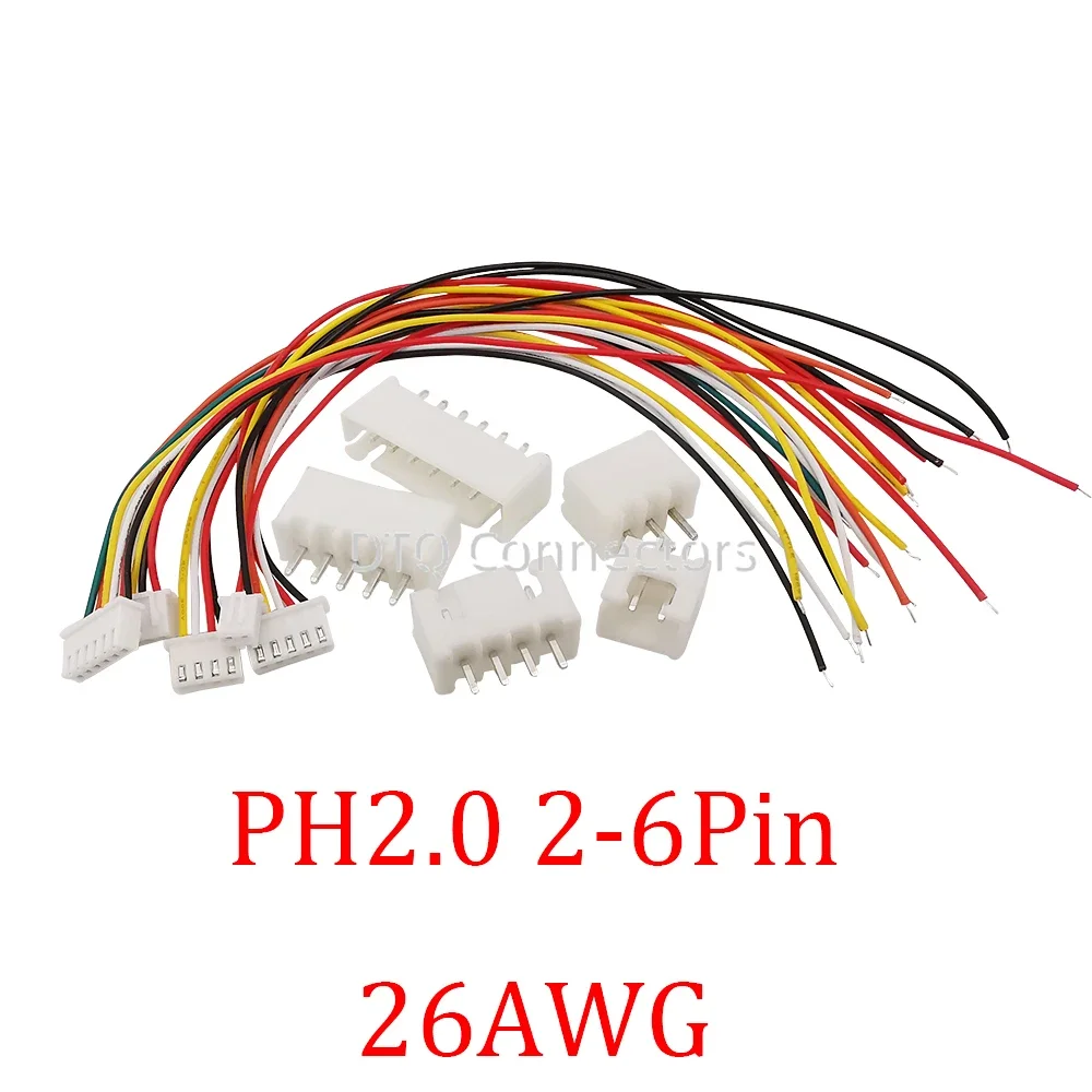 5sets Mini JST PH2.0mm 2-6Pin Male Female Plug 200mm 26AWG Cable Connector