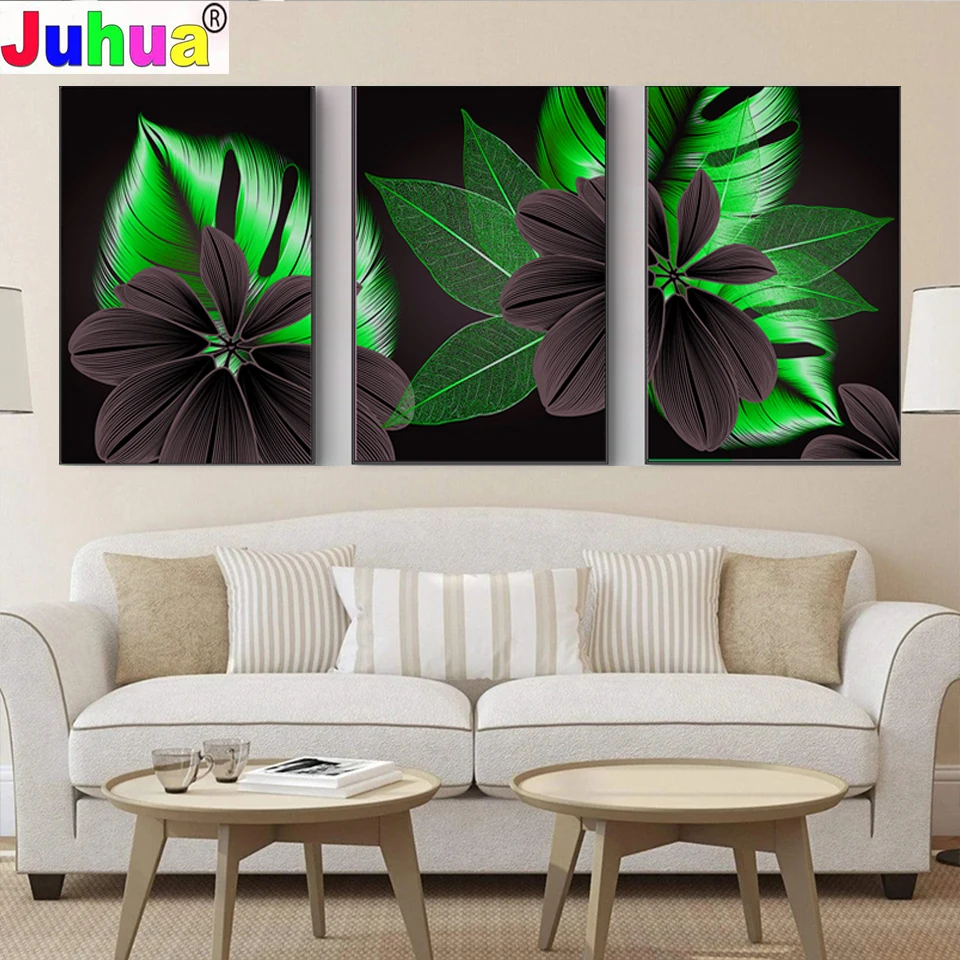 

5D Diamond Painting 3 pcs/set Abstract Luxury Blossom Green Leaf Triptych 5d Diamond Embroidery Mosaic Painting Amazing Artwork