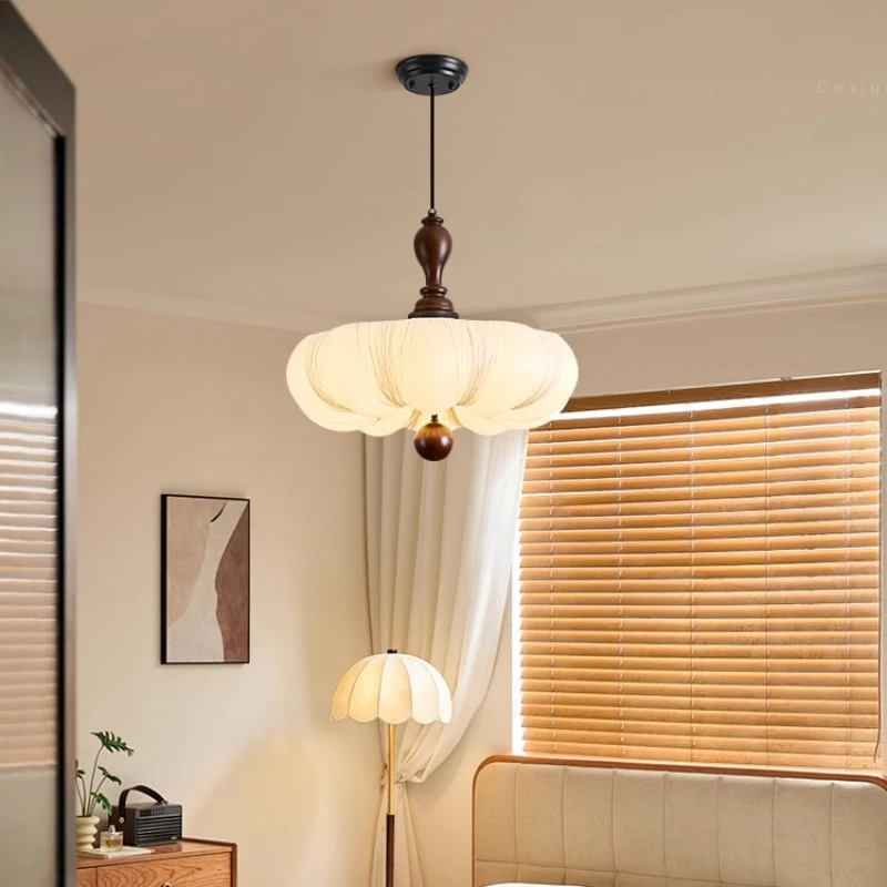 American Walnut Wooden Ceiling Lights LED Pumpkin Fabric Lampshade Bedrooms Living Teahouse