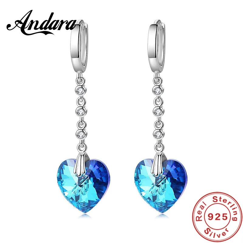 925 Sterling Silver Earrings Heart-Shaped Blue Crystal  Zircon Long Earrings For Women\'S Wedding Fashion Jewelry Gifts