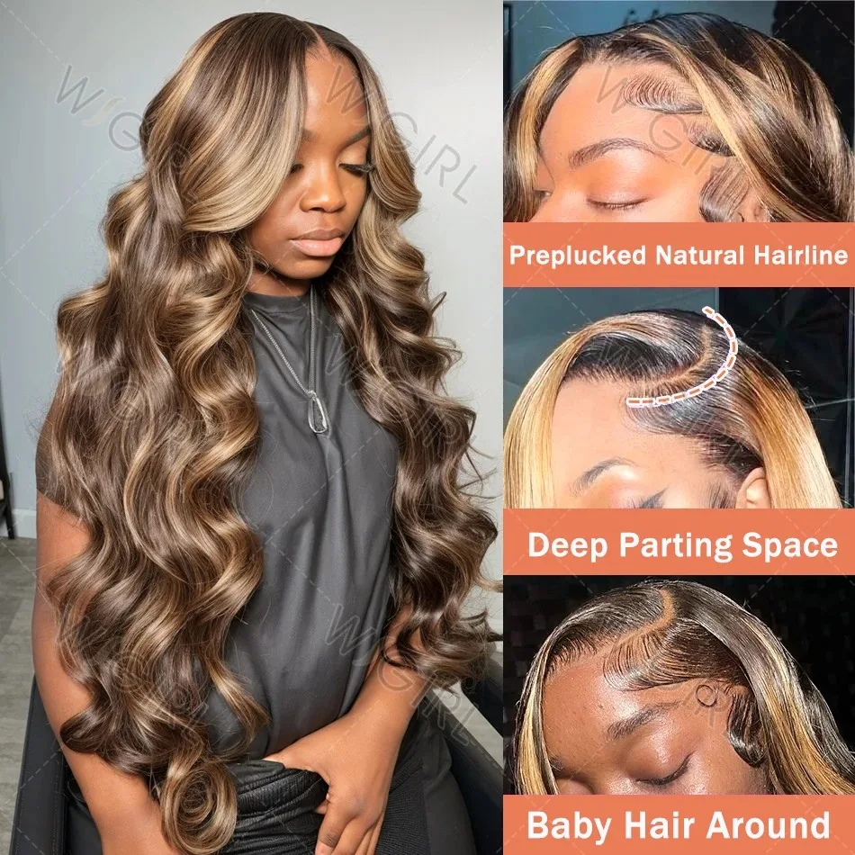 تسليط الضوء على شعر مستعار الجسم موجة الدانتيل شعر مستعار أمامي 13x4 HD الدانتيل الباروكة الأمامية مع براون شقراء عقال الباروكات جاهزة لارتداء شعر مستعار اصطناعي