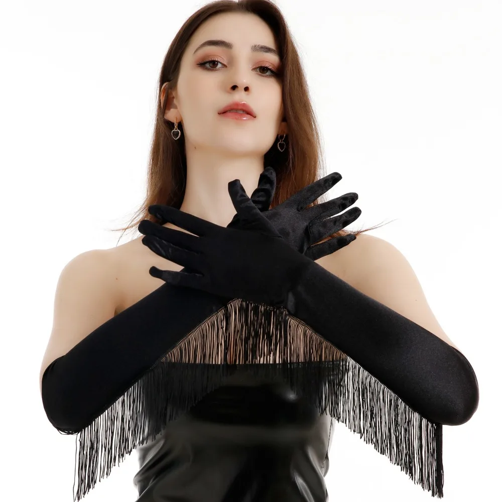 Guantes largos sencillos de ópera para mujer, guantes elásticos a la moda con flecos y borlas, manoplas musicales para baile en escenario, fiesta de actuación
