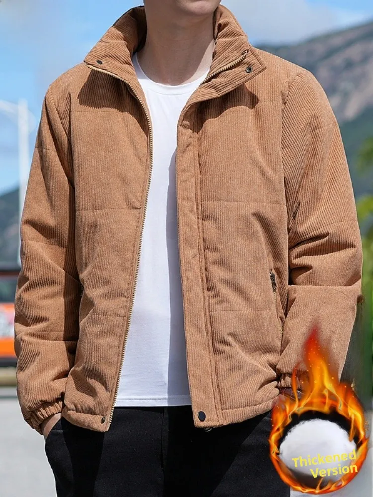 

Paul Men's Thiened Fce Lined Corduroy Jaet Stand Collar Autumn Winter Faion Pure Color Warm Coat for Middle Aged And...