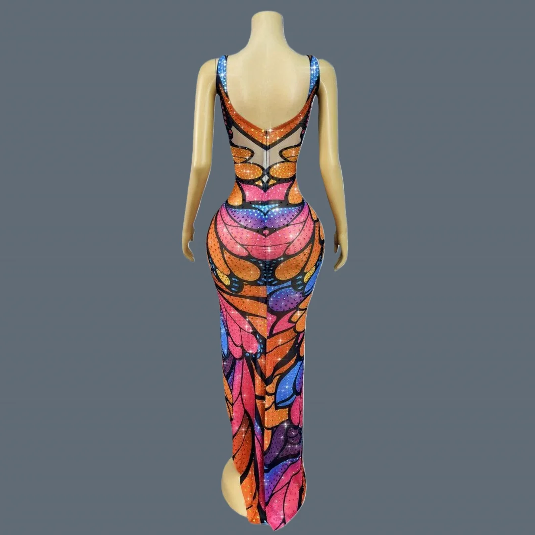 فراشة الطباعة سباركلي حجر الراين مساء اللباس مثير ضمادة العميق الخامس الرقبة فستان طويل موضوع حزب احتفال الزي Caihongdie