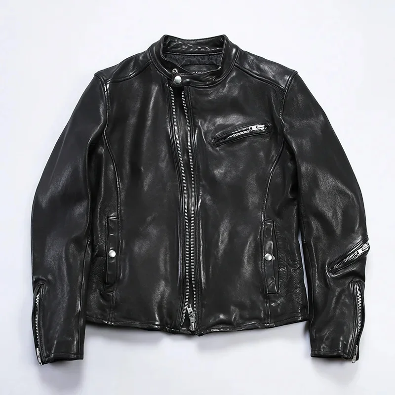 Shop.Popular motorcycle leather clothing.Mens fashion tanned sheepskin coat.Luxury Vintage slim fit jacket