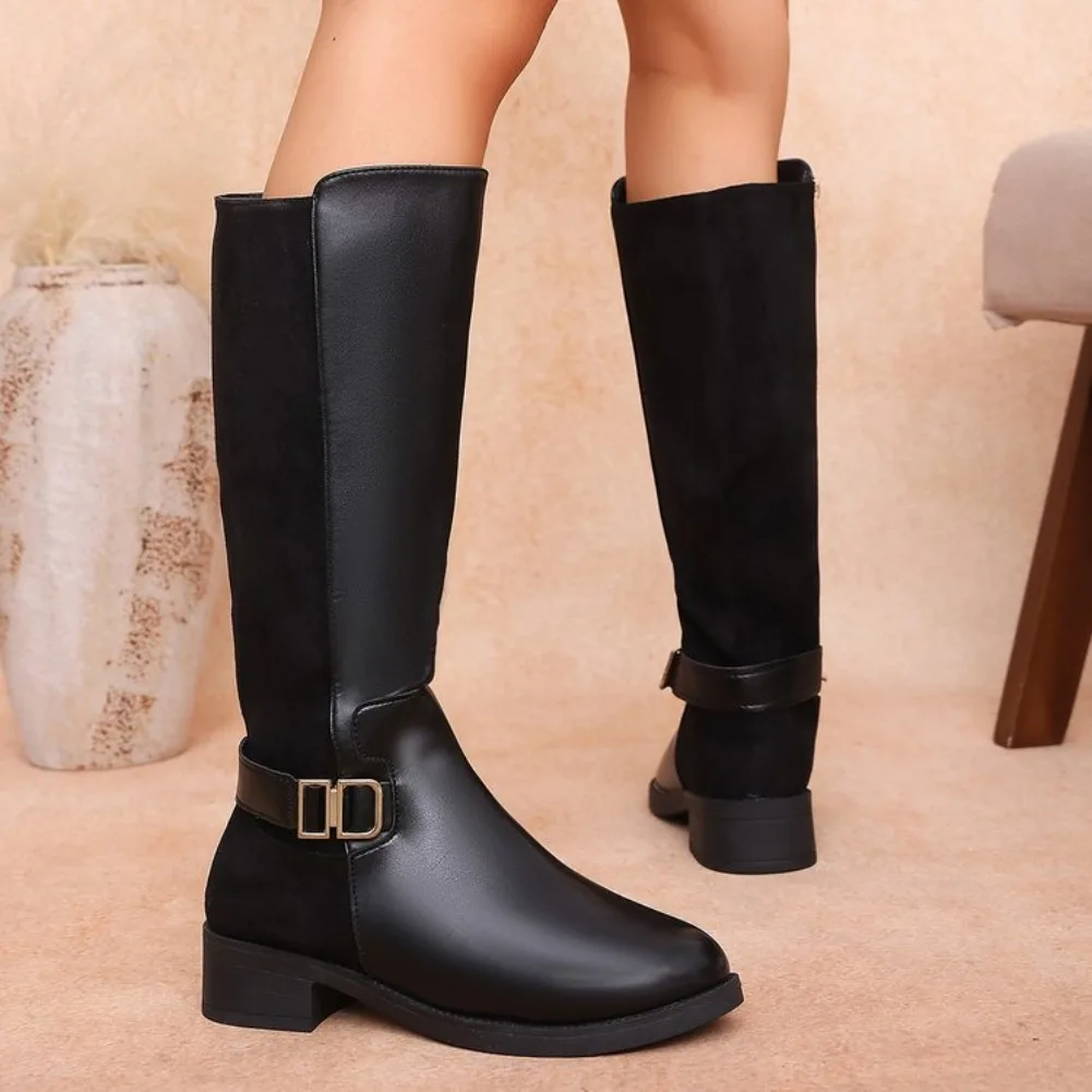 2026 New Retro Style Solid Casual Women's Knee Boots Fashionable Buckle Strap Versatile Mid Heel Comfortable Casual Women Shoes
