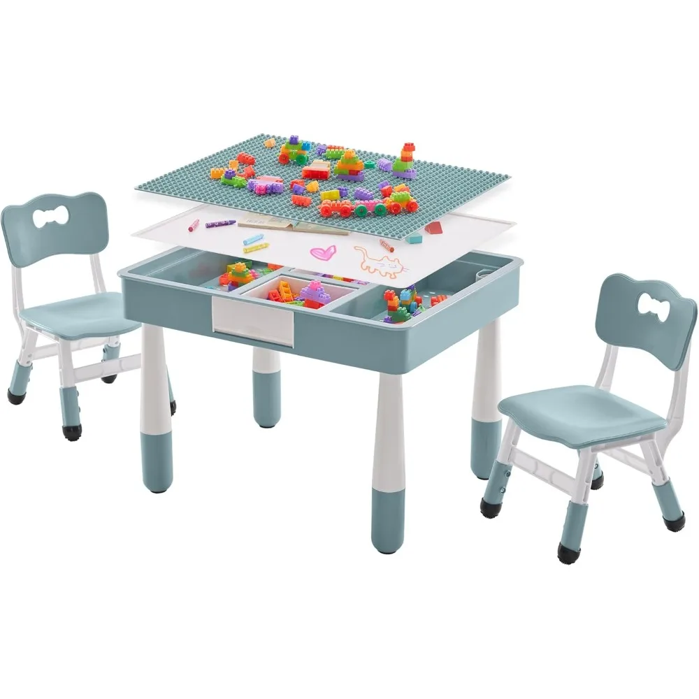

4 in 1 Kids Table and 2 Chairs Set with Storage, Toddler Table and Chair Set for Kids Ages 3-10, Graffiti & Building Blocks Doub