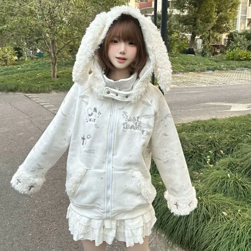 

Винтажные худи в стиле панк с мультяшной вышивкой для женщин, милые плюшевые худи с капюшоном в стиле Харадзюку, с заячьими ушками, свободного кроя, в стиле Y2K ​ Теплые толстовки