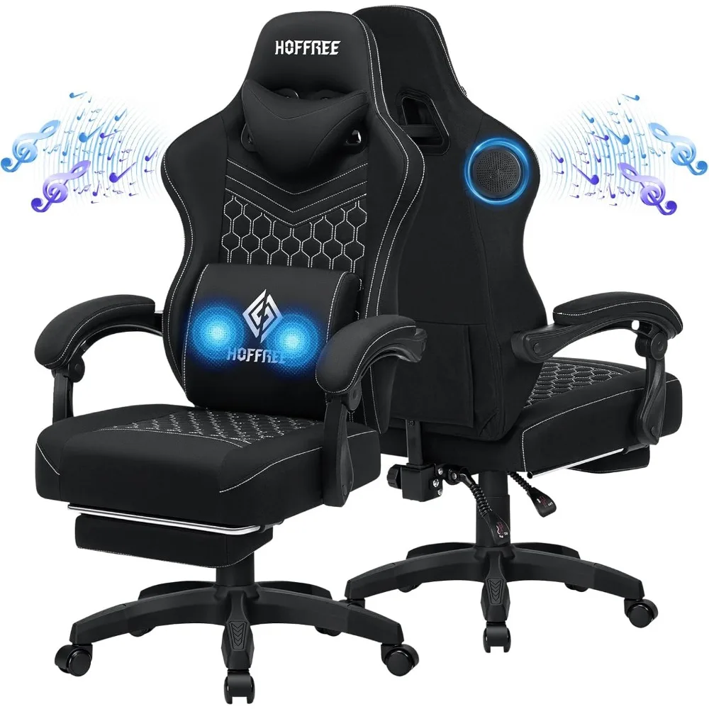 

Gaming Chair Computer Chair Fabric with Bluetooth Speakers Massage Game Chair with Footrest Ergonomic High Back Gamer Ch