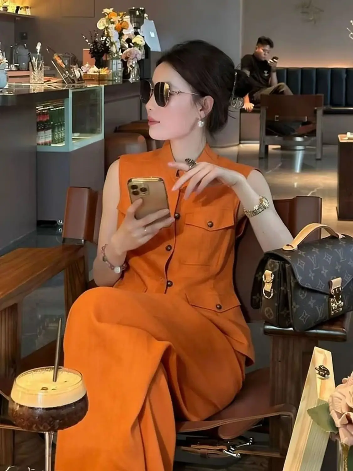 

Women's Casual Two-Piece Orange Set Sleeveless Cargo Style Button Vest + Loose Wide Leg Trousers Elegant Commuter Outfit