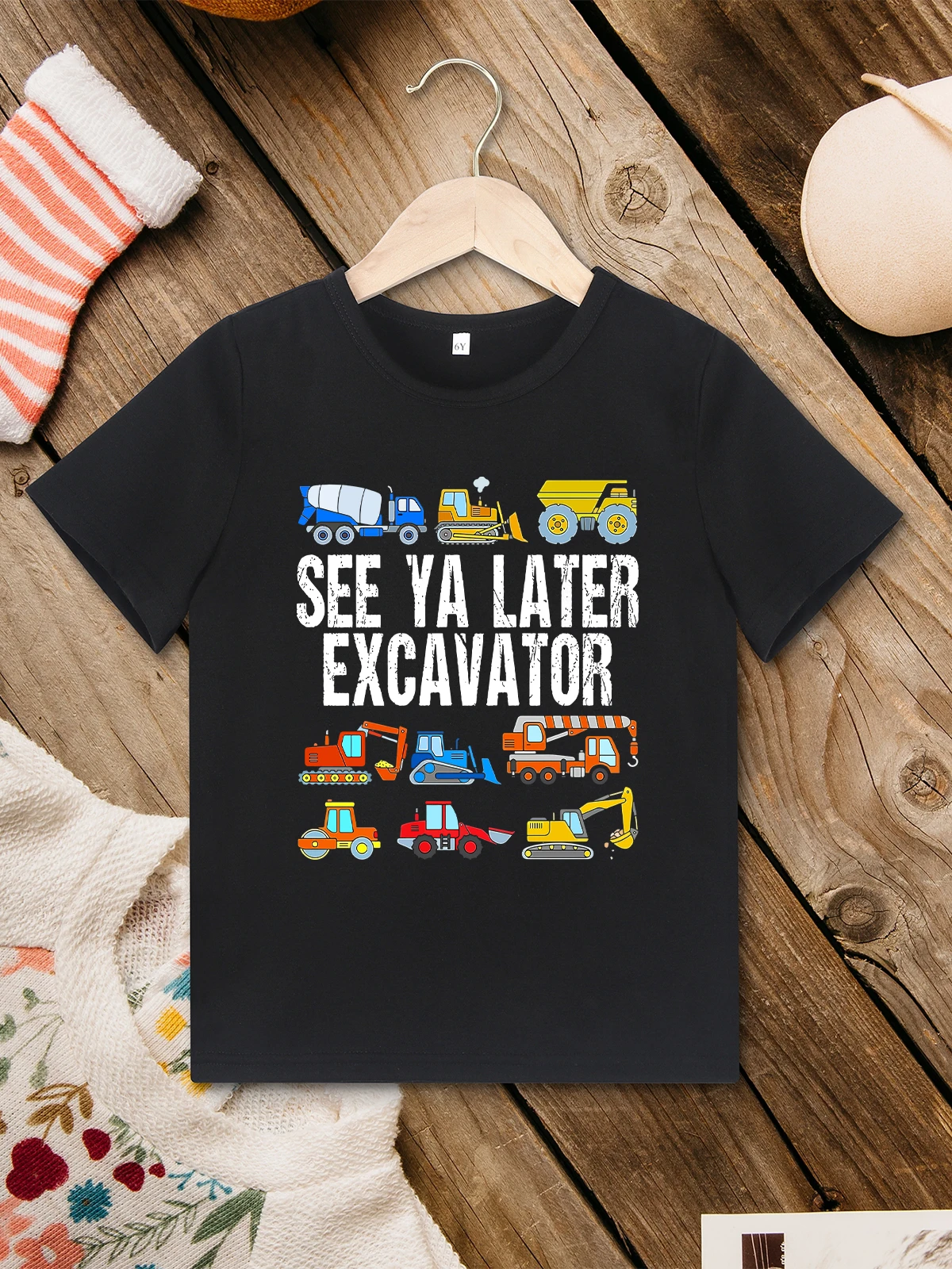 “See Ya Later Excavator” Funny Cartoon Boy T-shirts Stylish Urban Casual Summer Clothes Black Loose Comfy Tops Cheap Dropship