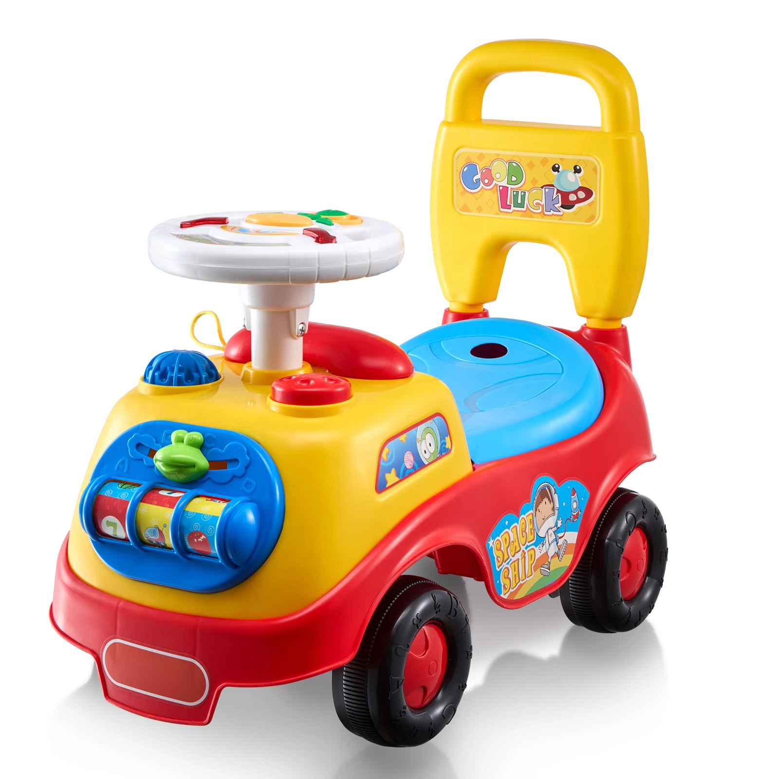 SucceBuy Kleinkind-Auto zum Aufsitzen, zum Aufsitzen, Kinderaufsitzen, Spielzeugauto mit Musik, Lenkradsitz, Aufbewahrung für Kleinkinder
