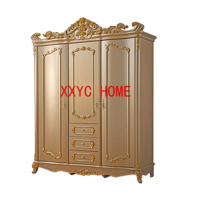 

European-Style Three-Door Wardrobe Champagne Gold French Carved 3-Door Wardrobe