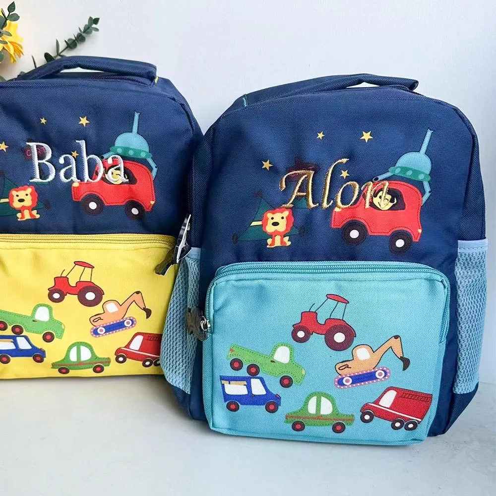 New Kindergarten Backpacks with Embroidered Name Children\'s Toy Cars Cartoon Backpack Custom Name Baby Boys Girls Schoolbags