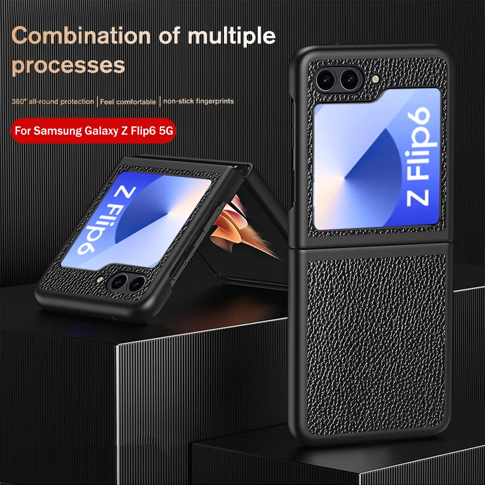 Luxury Lychee Pattern Leather Case For Samsung Galaxy Z Flip6 5G Flip 6 Hard PC Shockproof Coque Sumsung ZFlip6 ZFlip 6 5G 2024