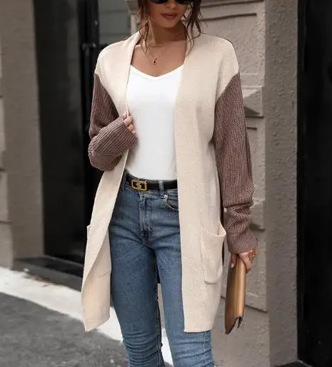 

2025 New Autumn Women's Long Sleeved Color Blocked Sweater Cardigan Jacket