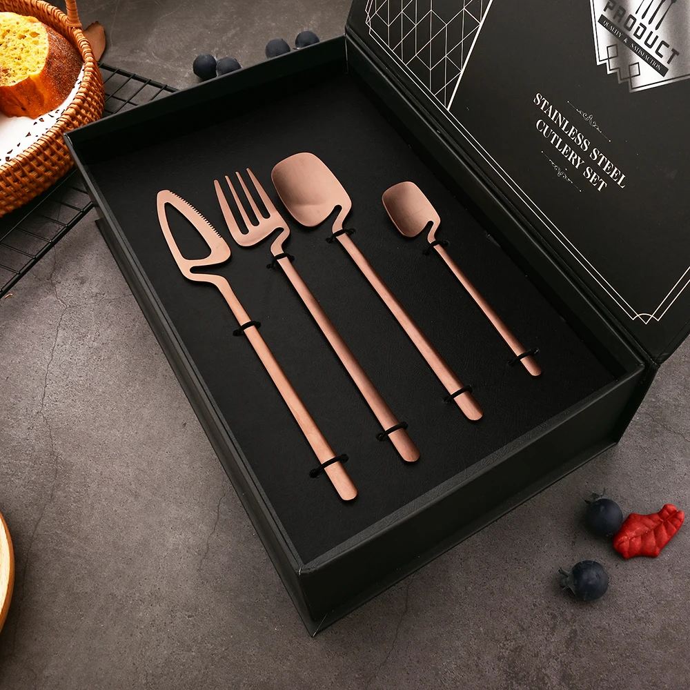 

Rose Gold Tableware Set Non-slip Cutlery Set 24Pcs Fork Spoon Knife Set 304 Stainless Steel Dinnerware Set Holiday Gift Box