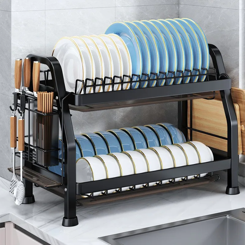 2 Tier Dish Drying Rack Kitchen Bowl Drainer Storage Rack Tableware Drain Chopsticks Knife Fork Water Cup Storage Holder