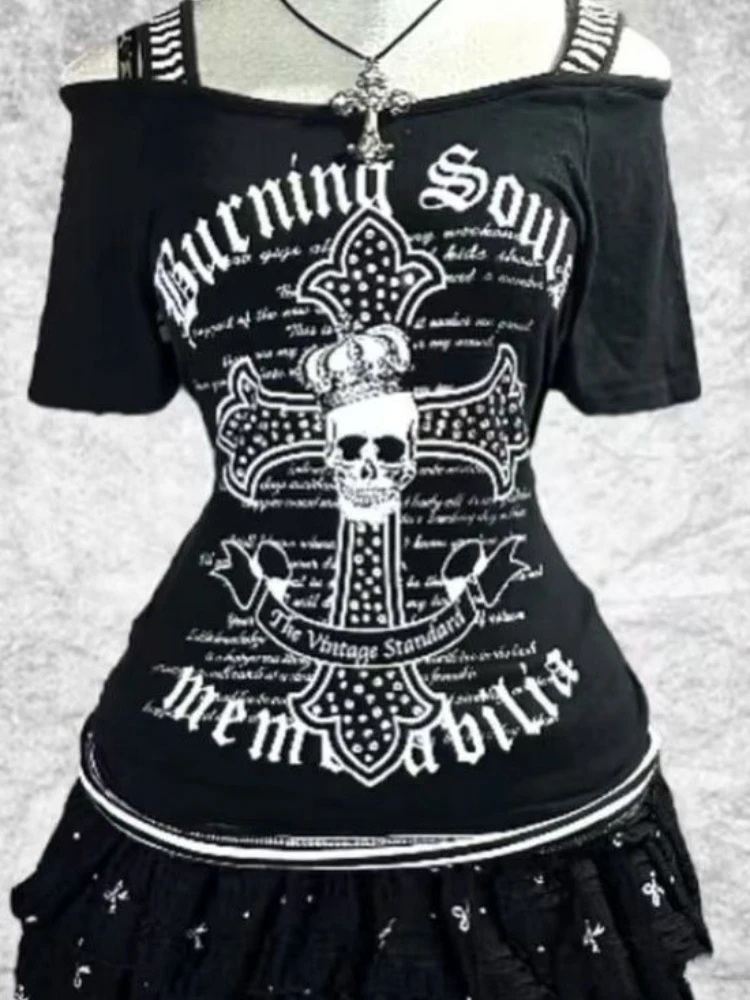 Y2K خمر قبالة الكتف القمم المرأة إلكتروني طباعة مخطط المرقعة سليم تي شيرت قصير الأكمام الصيف الألفية موضة تيز جديد