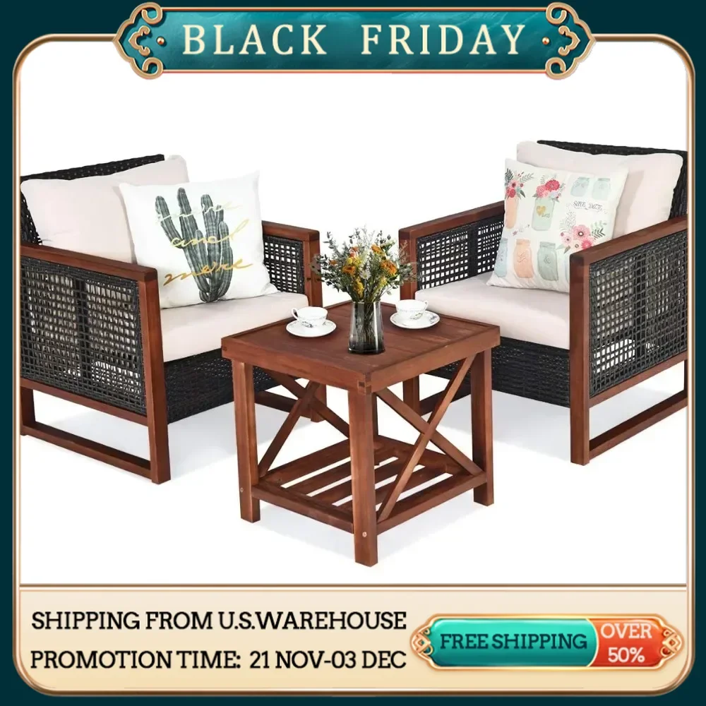 3 Pieces Patio Wicker Furniture Set, Rattan Outdoor Sofa Set w/Washable Cushion & Acacia Wood Coffee Table, for Garden Backyard