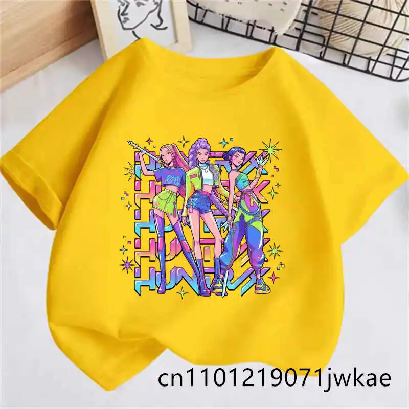 

Летние желтые топы, модная детская одежда, детская футболка с короткими рукавами, повседневная детская футболка с принтом Kpop Demon Hunter Saja Boy для девочек