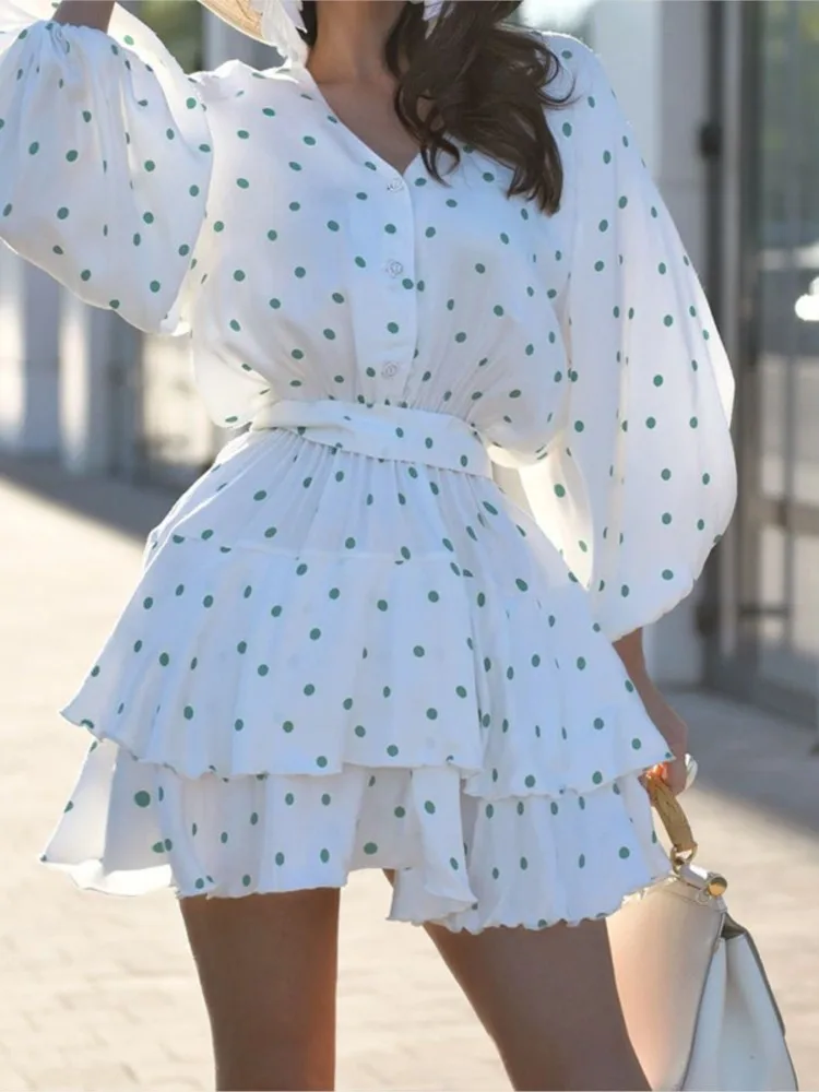 

Fashion Polka Dot Printed Bubble Sleeve Short Skirt For Women's Summer New Style Lace Up Waist Cinching Cake Mini Dress