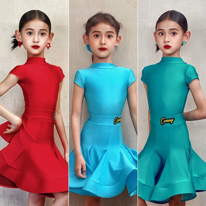 

Latin Dance Competition Dress Kids Professional Performance Suit Short Sleeve Leotard Skirt Set Blue Latin Stage Costume