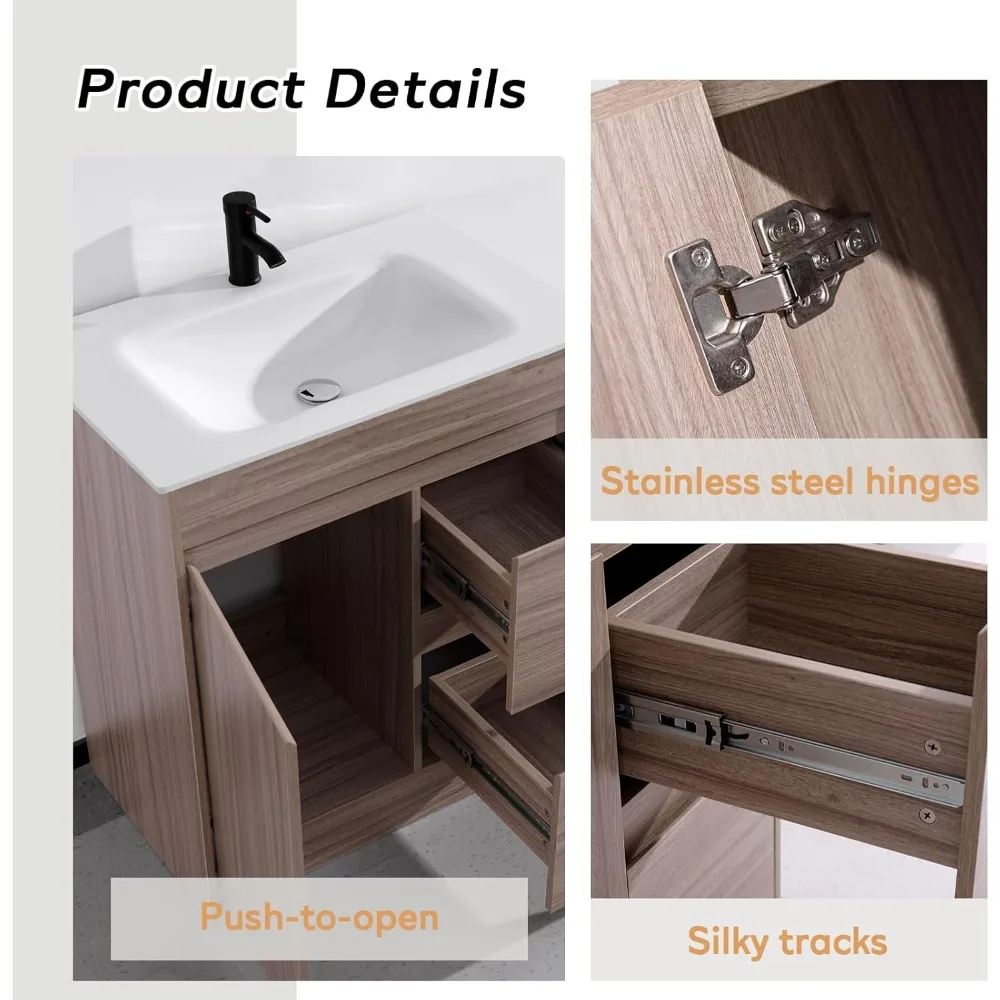 Vaidade de banheiro de 30 polegadas com pia undermount, armário de madeira grossa, portas e gavetas com fechamento suave