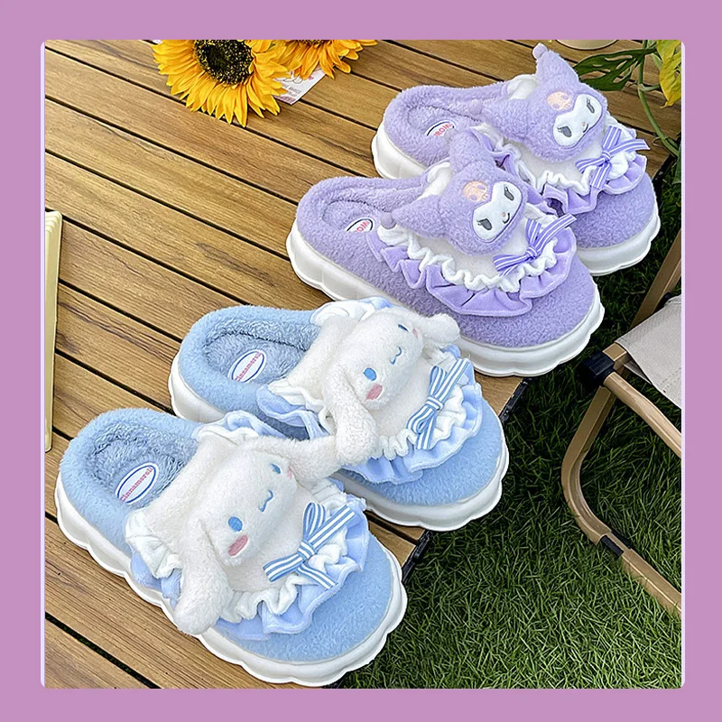 Kawaii Sanrio Hello Kitty Kuromi My Melody Cinnamoroll Women Cotton Slippers Winter Home Round Toe Casual Flat Warm Slippers