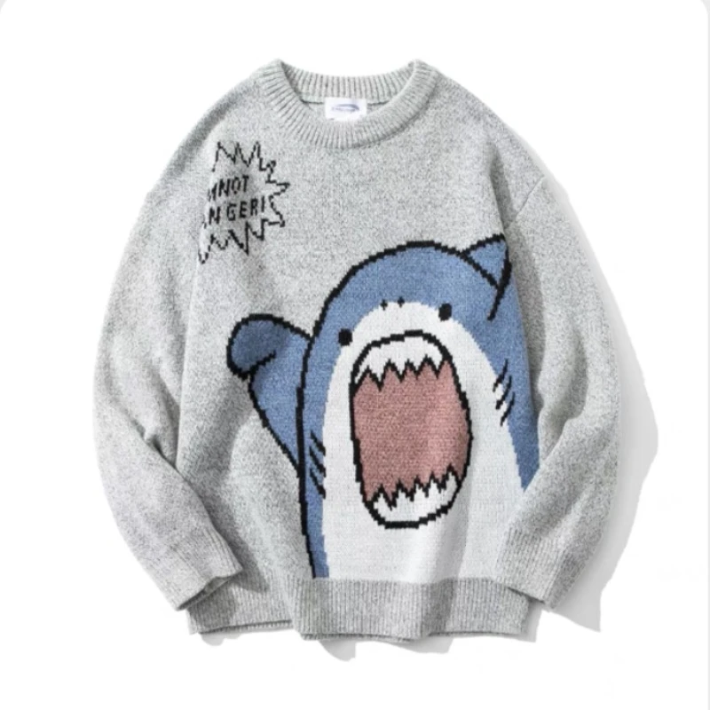 

HMZ Couple Cartoon Shark Knitwear Sweater Winter Patchwork Harajuku Korean Style O Neck Oversized Grey Sweater Jumper For Men