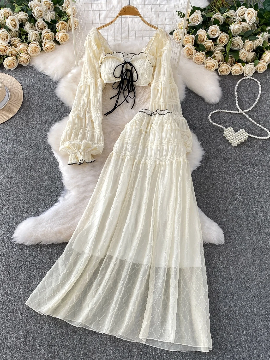 

Summer Vaion Sle Sexy ort Bandage Square Collar Chest Pad Long Sve Top Высокая талия для похудения Fairy Long Dr Two Pie...