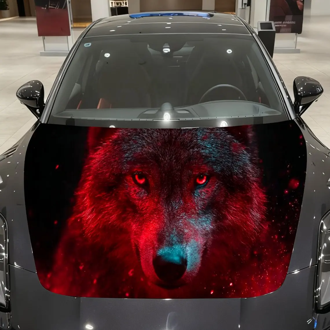 

Red Wolf Stardust Flame Car Vinyl Wrap, PVC Material Waterproof Car Hood Sticker, Self-Adhesive Scratch-Resistant Stickers for E