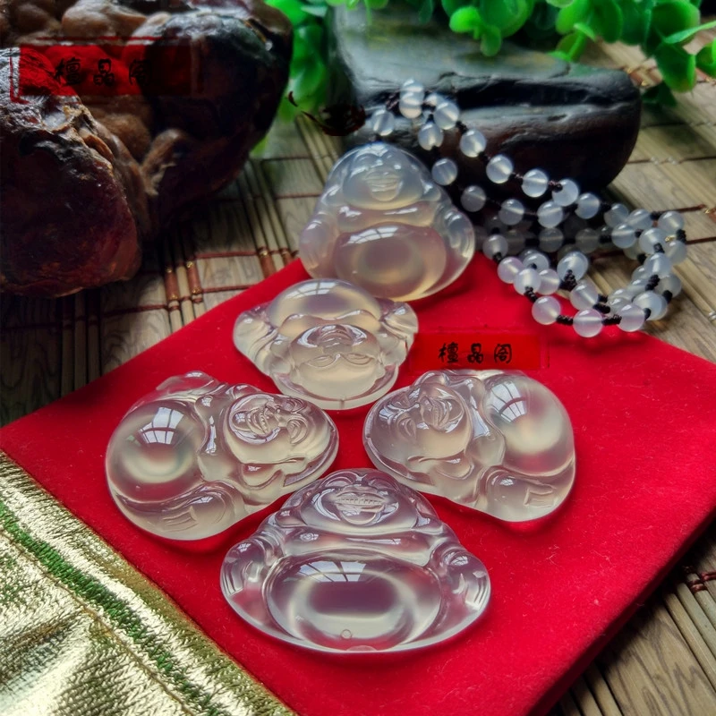 Nice Natural White Transparent Agate Buddha Pendant Amulet Chalcedony Hand Carved Maitreya Talisman With Beads Necklace