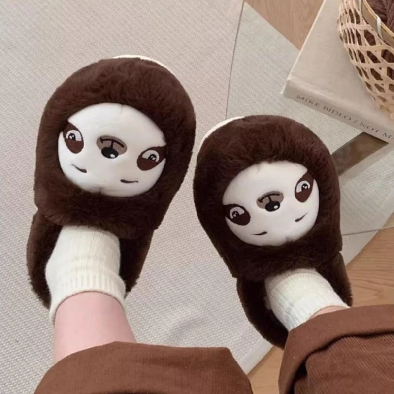 Indoor Cotton Slippers For Women Men Winter Warm Shoes Cute Cartoon Sloth Soft Plush Anti-slip Couples Home Floor Fluffy Shoes