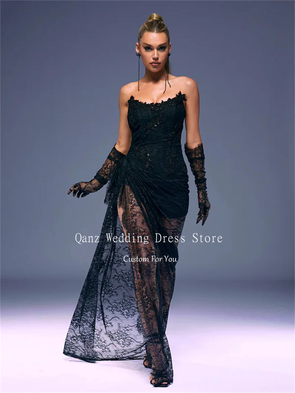 Qanz Black Lace Evening Dresses Overskirts See Through Party Dresses Mermaid High Leg Slit OpenBack Robes De Soirée Customized