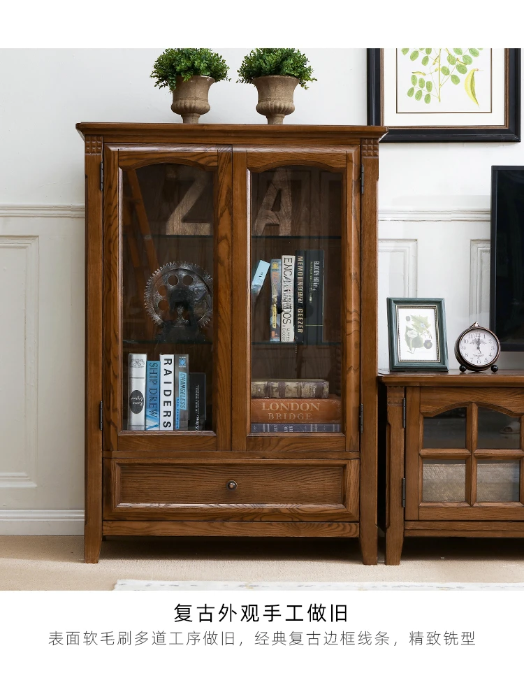 Simple and Light Luxury American Country Ash Walnut Solid Wood Double Door Side Cabinet TV Side Cabinet Solid Wood Wine Cabinet