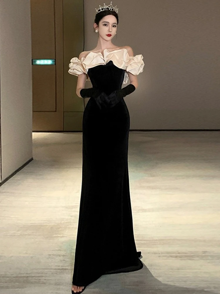 

Ele One-oulder Evening Gown Hepburn Sle Wedding Ceremony Host Engagement Dinner Par Long Dr Korean Version