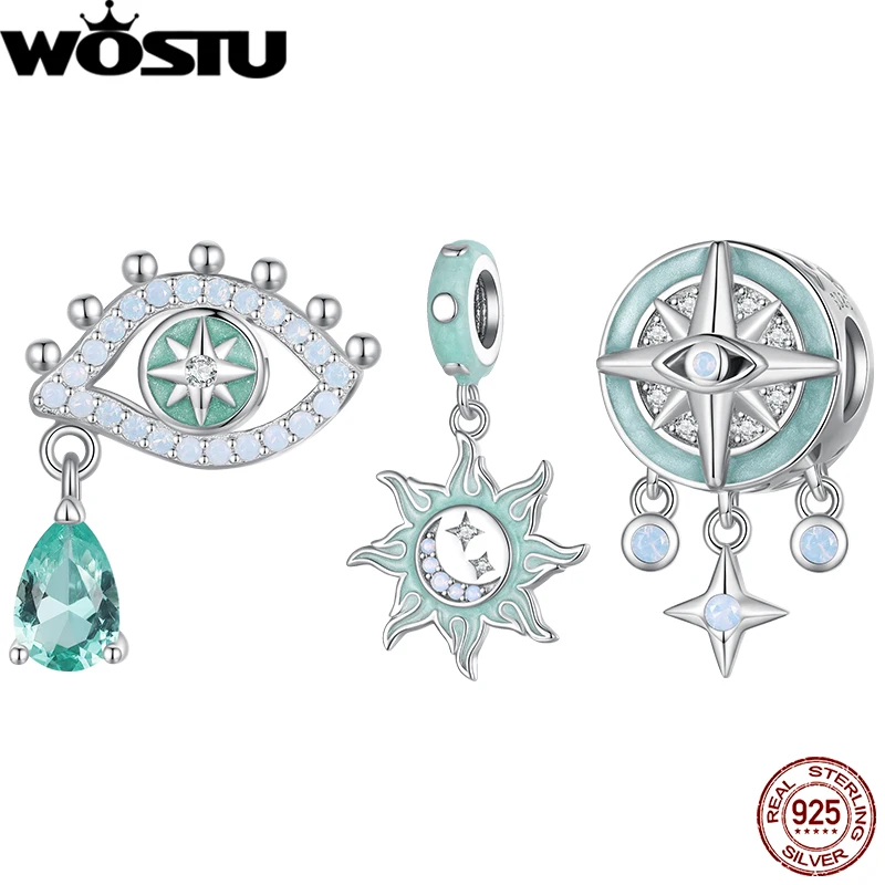 

WOSTU 925 Sterling Silver Green Star Compass Charm Sun And Moon Pendant Demon's Eye Beads Fit Original Bracelet Women DIY Gift