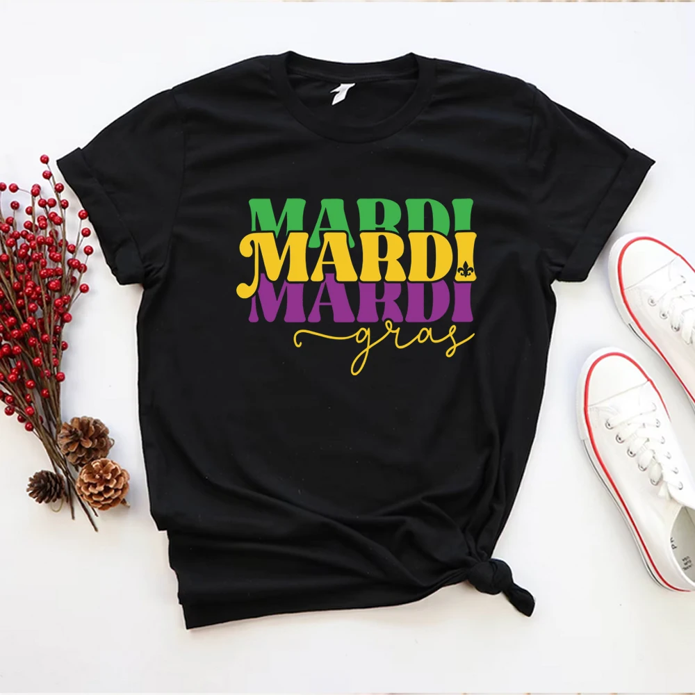 Mardi Gras Shirt Mardi Gras Beads Shirts Fat Tuesday Tshirt Women Clothing Unisex Short Sleeves Casual Tops Y2k Clothes