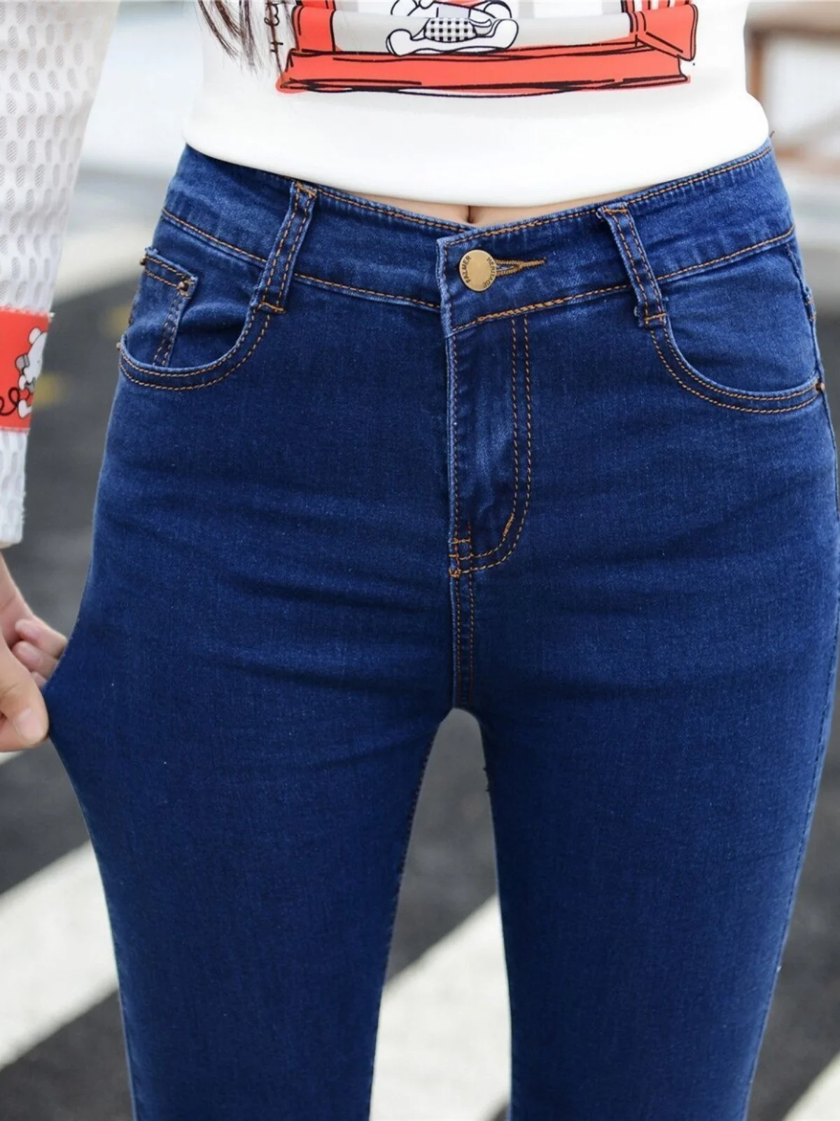 

Темно-синие хлопковые эластичные джинсовые брюки с высокой талией на подкладке Fce, женские облегающие длинные футболки-карандаш на осень-зиму...