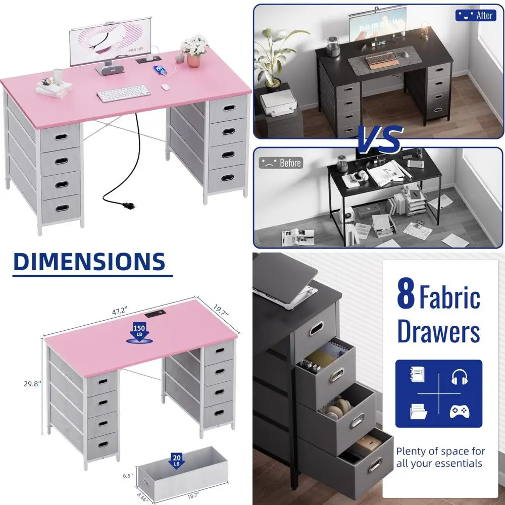 

47 Inch Gaming Desk with 8 Fabric Drawers and Power Outlet for Home Office, Study, and Writing