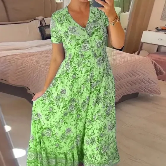 Bloemen Gedrukt T-shirt Lange Jurk Dames Zomer Ronde Hals Korte Mouw A-lijn Jurken Casual Vakantie Gewaden 2025, vestidos