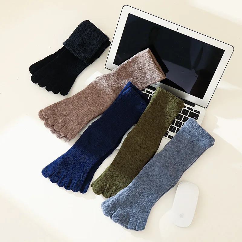 3 Pairs Large Man Thick Winter Thermal Socks with Toes Long Coral Fleece Fluffy Cozy Comfortable Cold-proof Warm Toe Socks Gift