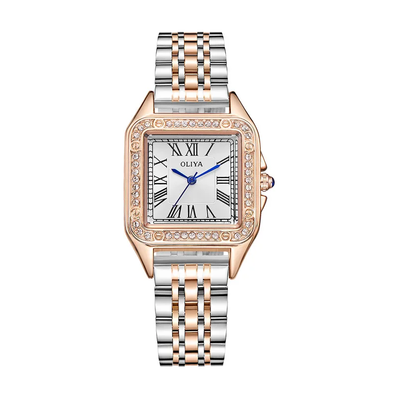 Light Luxury Waterproof Women\'s Watch Small Square Santos Series Fashion Diamond-encrusted Stainless Steel Quartz Watch